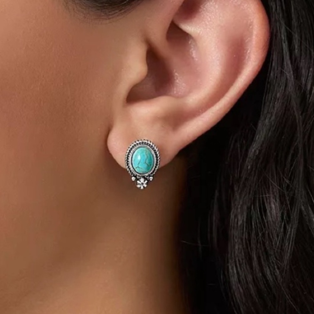 BOGO! Dainty Turquoise color Oval Cowboy Star Western stud Earrings NEW Boutique